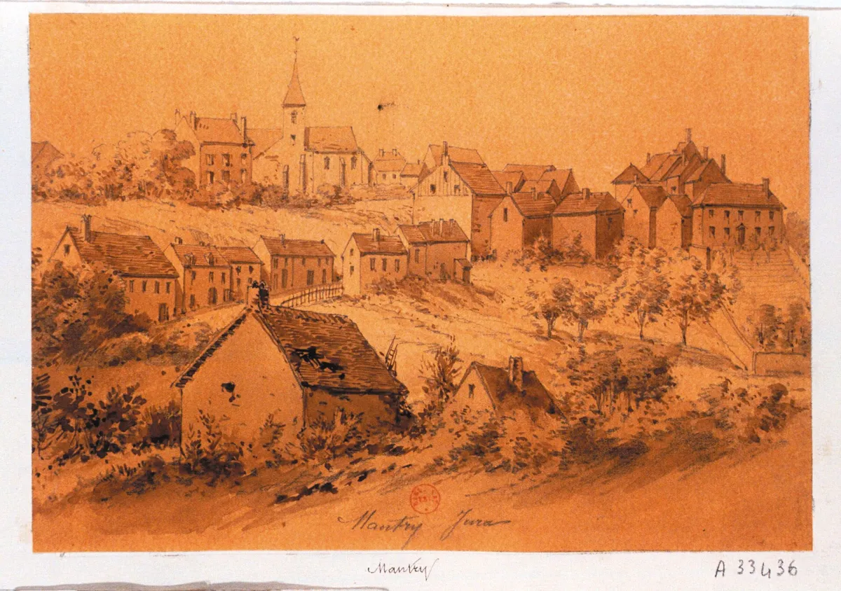 Ancien dessin du village de Mantry, son clocher et ses maisons
